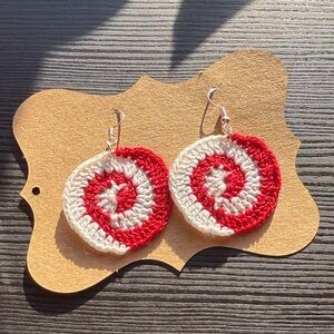 Handmade Red and White Spiral Christmas Peppermint Crochet Earrings